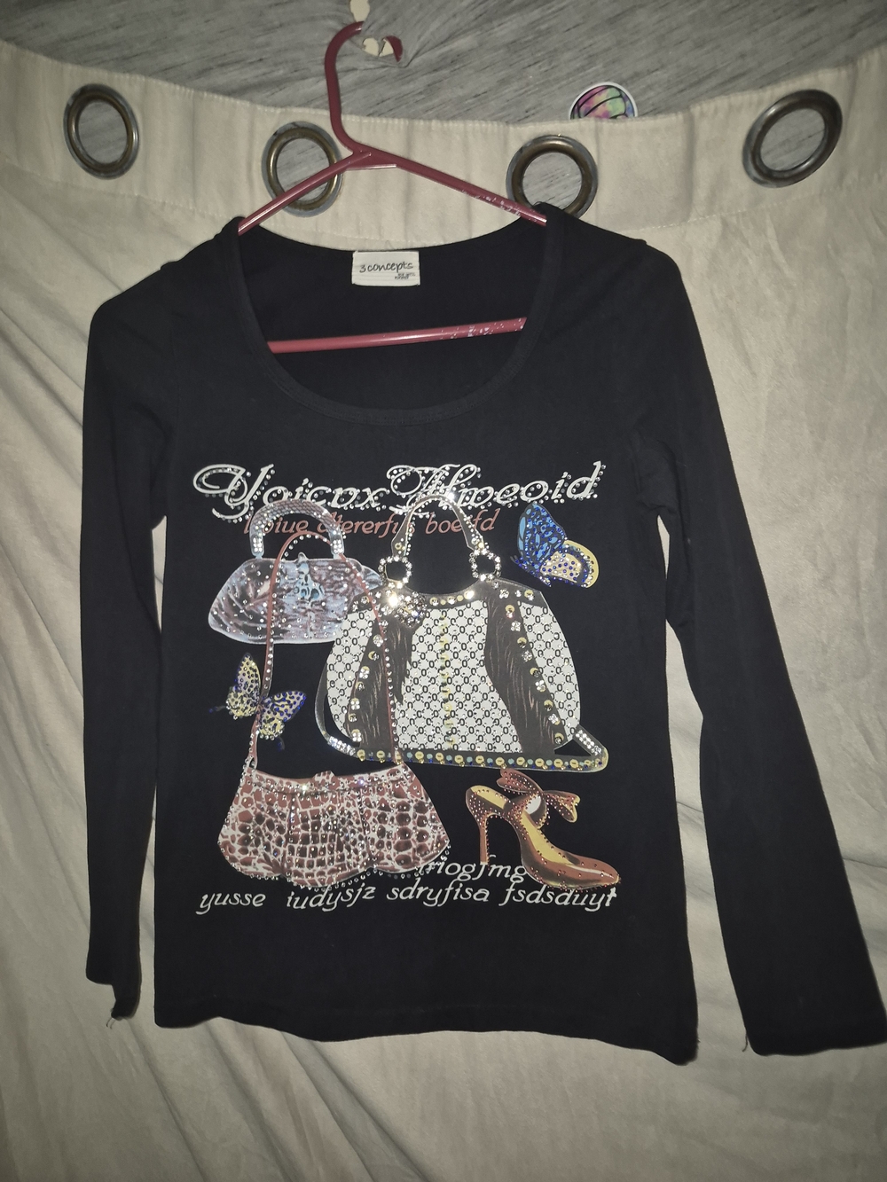 Women's Black Graphic Long-Sleeve Top with Handbag Print